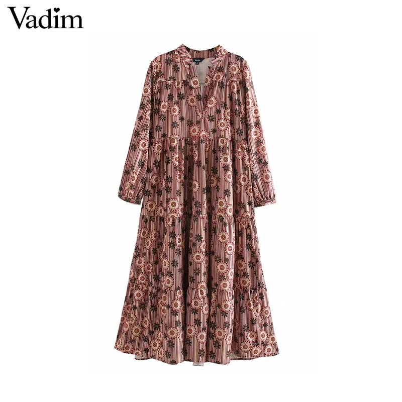 

Vadim women vintage floral pattern midi dress long sleeve pleated straight style female casual mid calf dresses vestidos QD287, As picture