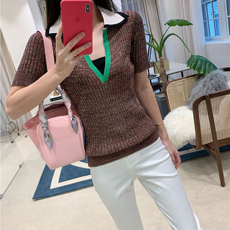 

Chic Women Shirt 2020 Spring Summer Short Sleeve Shirt Contrast Color Lapel Deep V-neck Slim T Knit Summer Tops, As picture