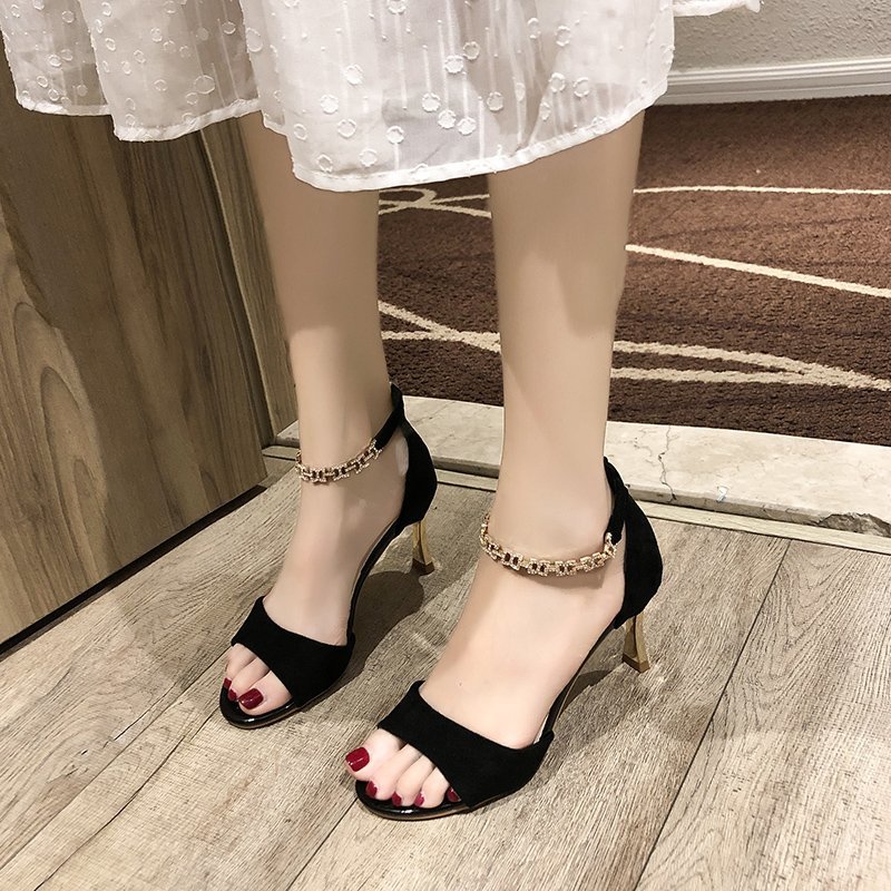 

Black Beige Metal Heel Sandals Women Flock Metal Chain Thin Heel Sandals Summer Party Dress Open Toe High Heels Zapatos Mujer