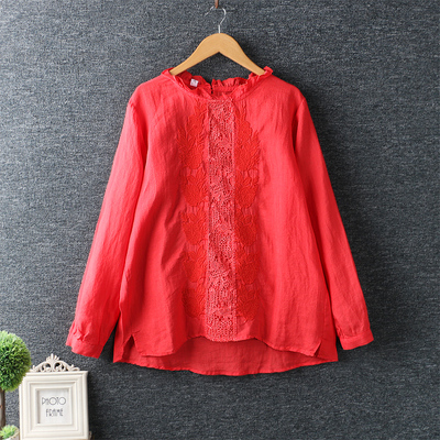 

2020 new spring wear Japanese small fresh cotton and linen embroidered lace shirt long-sleeved loose doll shirt women, Red