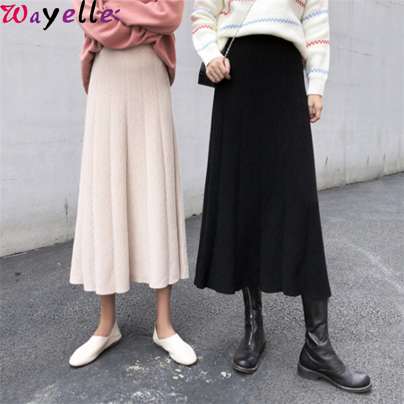 

Korean Chic Long Skirts Women 2019 Autumn Winter Knitted Skirts Female Midi A-Line Elegant High Waist Skirt Lady, Beige
