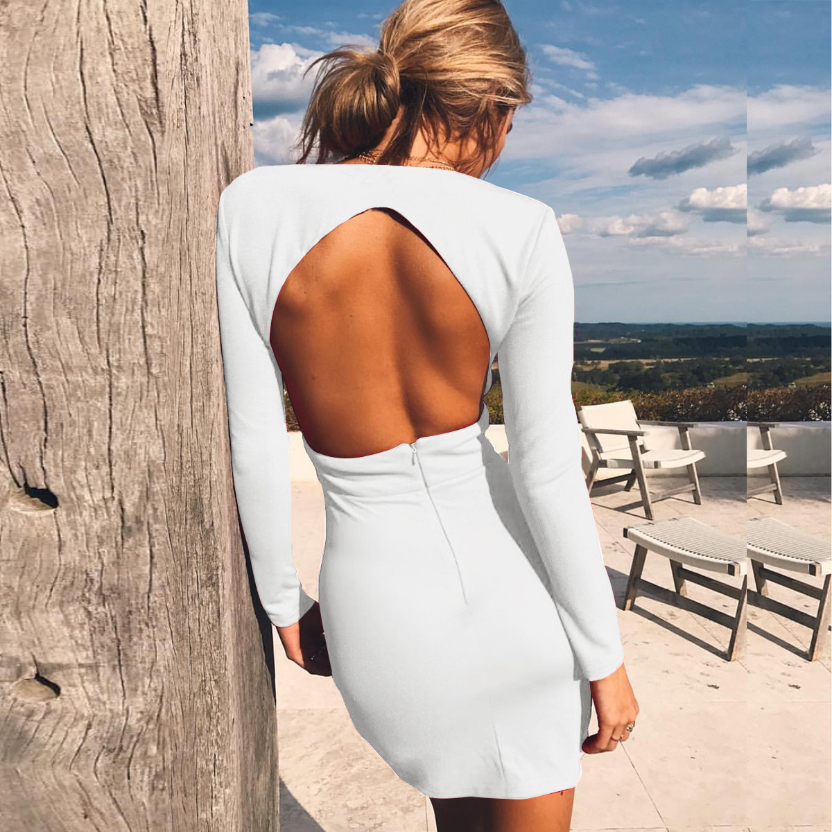

7720 station sexy deep V unbacked dress 5 colors 4 yards, Navy