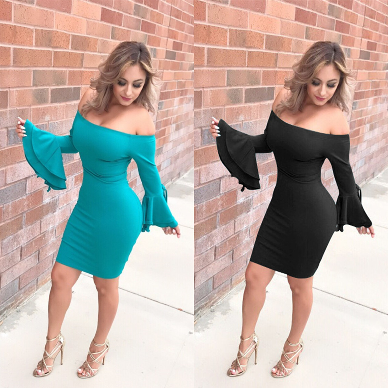 Womens Sleeve Ruffle Solid Color skirt ,Bodycon Pencil Mini Sexy dress,Dew shoulder falbala long-sleeved dress
