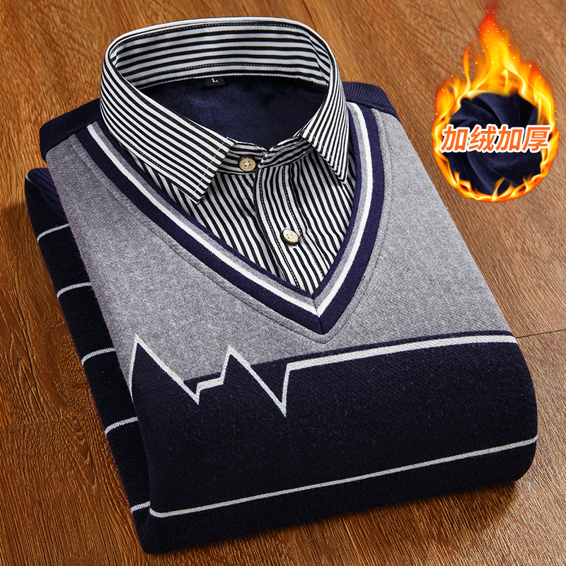 

Winter Fake Two Pieces Warm Shirt Long Sleeve Male V Neck Knitted Fashion Plush Thick VelveDress Shirt Pullover Slim Fit, Bn611
