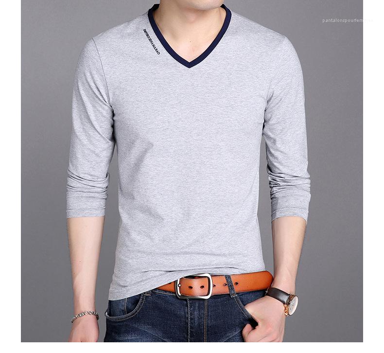 

Long Sleeve Tops Pure Color V Neck Casual T Shirts Mens Designer T shirts Fashion Letter Printed, Gray