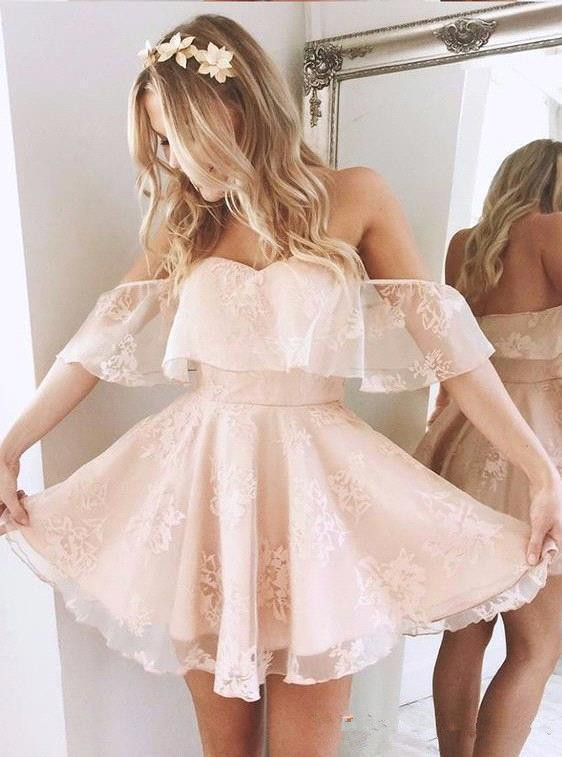 

Lovely Off Shoulder Lace Pink Homecoming Dresses Little Short A Line Pleats Mini Cocktail Gowns Backless, White