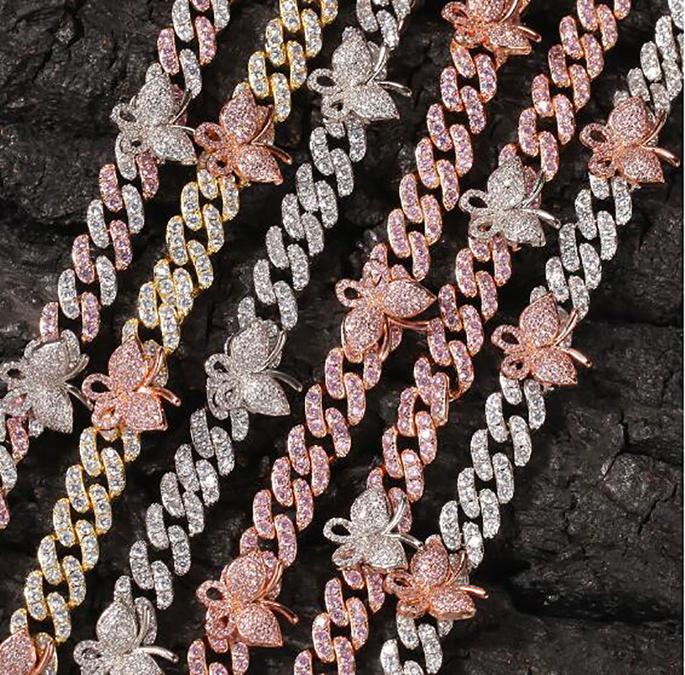 

9MM Mini Butterfly Cuban Link chain Pink Butterflys choker Cz Punk Miami Link Bling Bling Hip Hop Jewelry For Gift