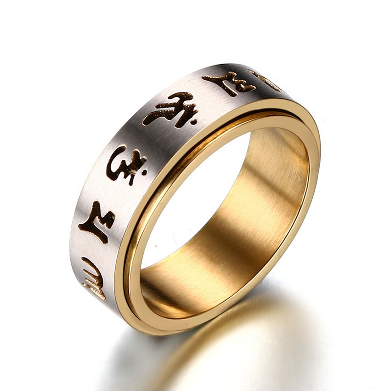 

Mens ring personality jewerly 8MM stainless steel six word mantra can turn the ring make high quality fine steel color is not allergic hot