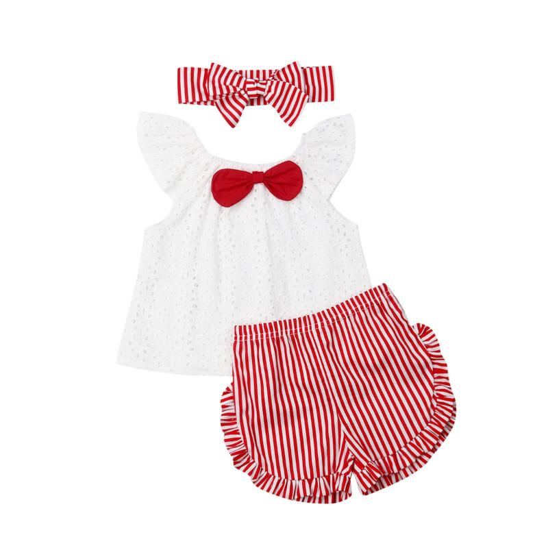 

Newborn Baby Girl Clothes Sleeve Tops Striped Short Pants Bowknot Headband 3Pcs Outfits Clothes Summer, Multi