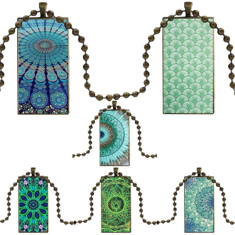 

Green Floral Mint Mandala For Girls Jewelry With Steel Plated Glass Cabochon Choker Long Pendant Rectangle Necklace