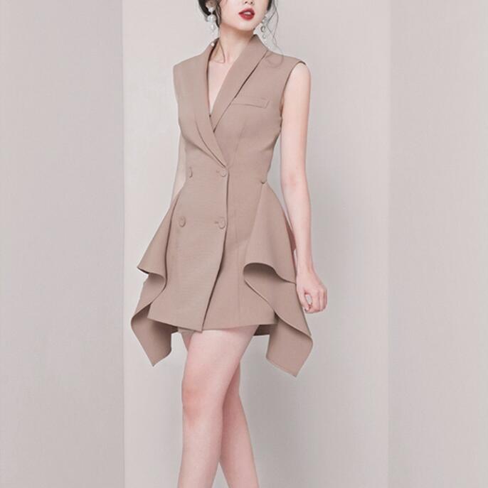 

2020 New Summer Autumn Work Office Lady Dress Suits Elegant Women Blazer Jacket Ruffles Double Breasted Fashion Dresses Femme, Black
