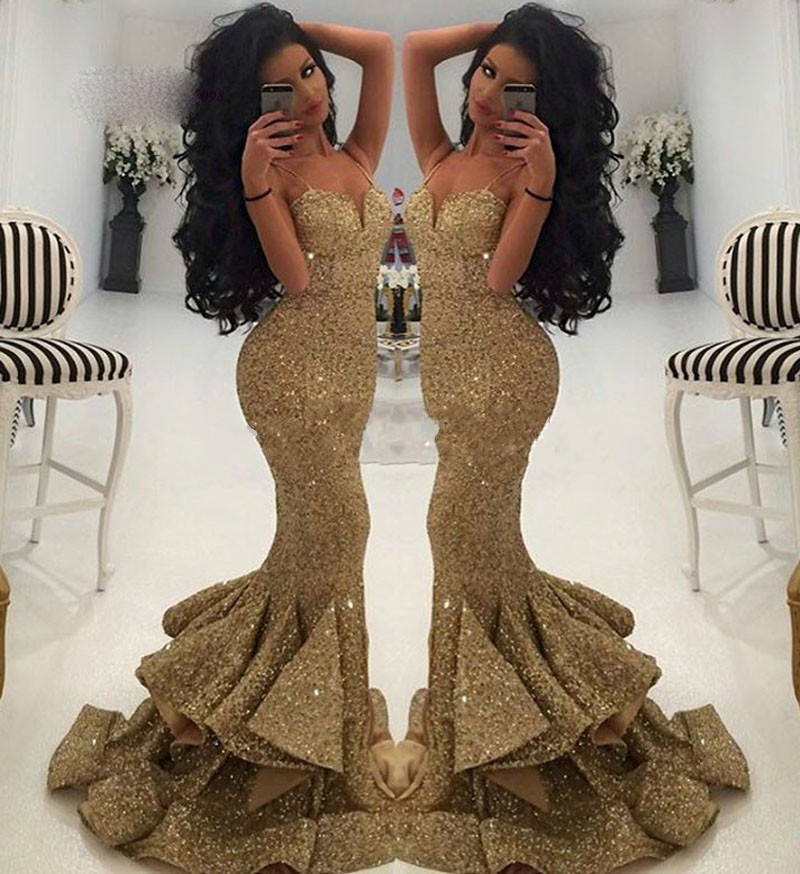 

Sexy Gold Sequined Evening Dresses 2020 Spaghetti Straps Long Mermaid Prom Dress to Party Split Vestidos de Noche