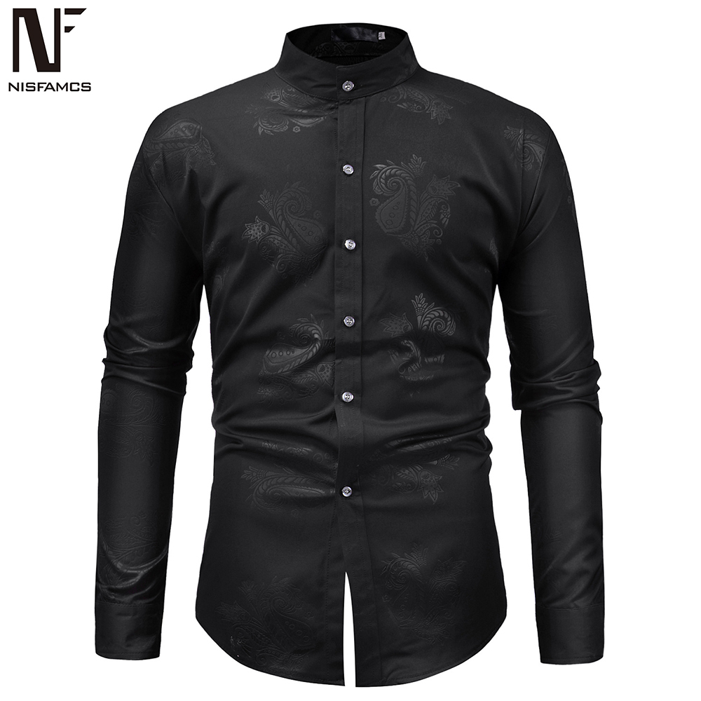 

Male Shirt Business Casual Long Sleeve Man Tops Stand Collar Fashion Dark Grain Printed Shirts Vintage Style Party Clothes Loose, White