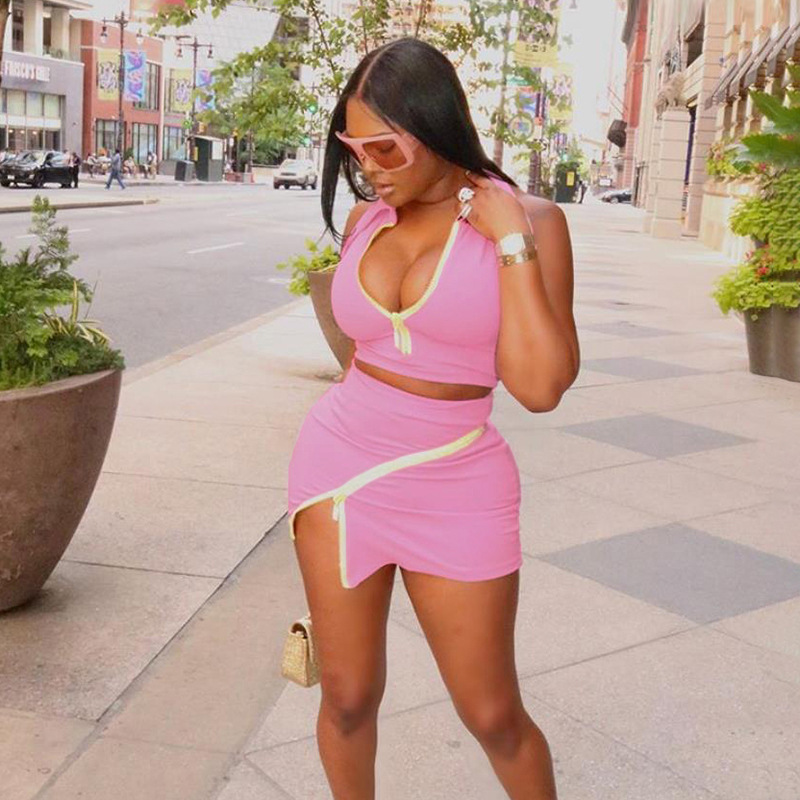 

High Street 2020 Summer Style Turn-down Collar Zipper T-shirt Patchwork Short Skirt Two Piece Women Set Fashion Women' Set, Pink