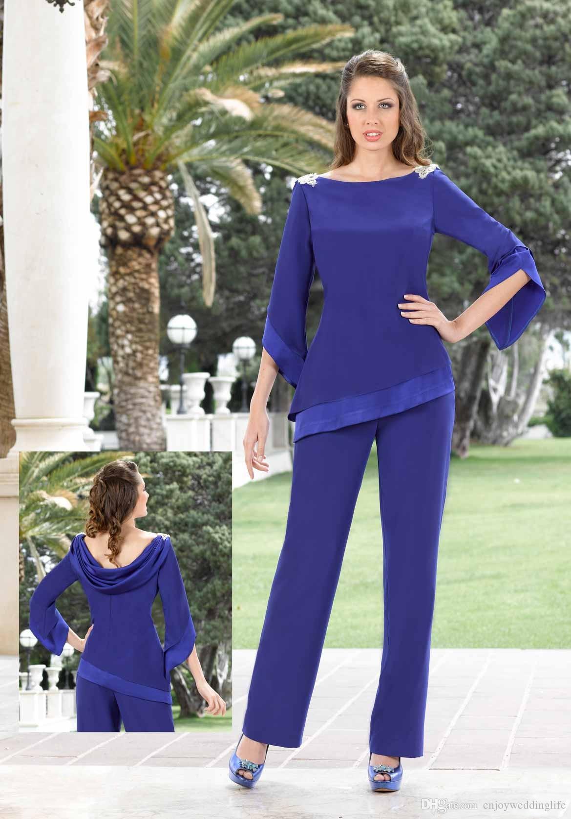 

Royal Blue Beaded Mother Of The Bride Pant Suits Long Sleeves Chiffon Boho Mothers Outfit Formal Garment Cheap Wedding Guest Dress