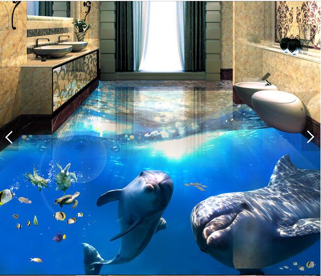 

3d pvc flooring custom photo Waterproof Self-adhesive floor Sea World Dolphin Fish Turtle stickers decor living room wallpaper for walls 3 d, Customize