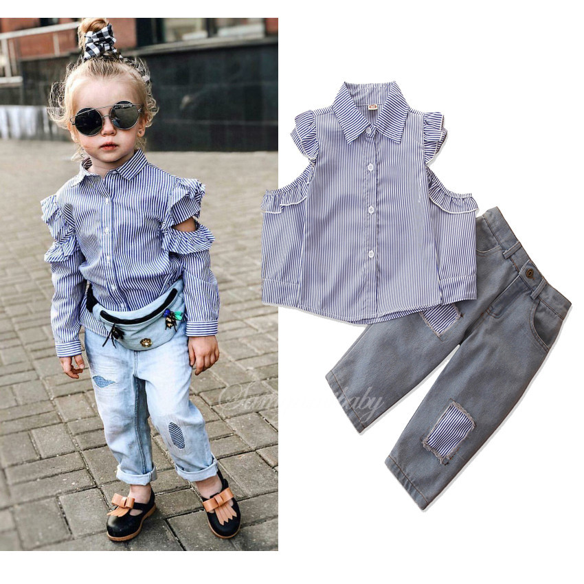 Discount Kids Girls Jeans Shirts Kids Girls Jeans Shirts 2020 On - 2019 autumn girls clothes set kids off shoulder long sleeve stripe shirt jeans girl 2pcs outfits children set 15124 striped shirt w suspender skirt bottom roblox Discount Kids Girls Jeans Shirts Kids Girls Jeans Shirts 2020 On - striped shirt w suspender skirt bottom roblox