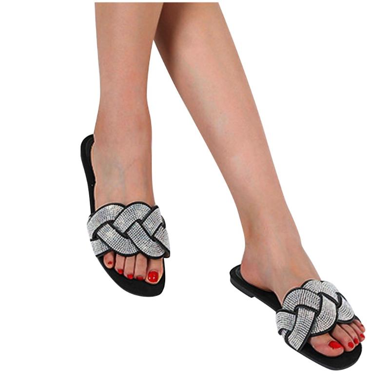 

2020 New Fashion Slippers Women Toes Crystal Shiny Bring Summer Female Shoes Elegant Flat Slipper Slides Shoes Buty Damskie #28, Black