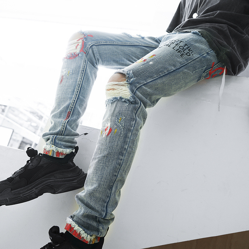

EWQ / Men' Clothing 2020 Spring Fashion New Directly Tide Jeans For Male Printing Holes Denim Pants Hip-hop 19H-a259, Lightblue