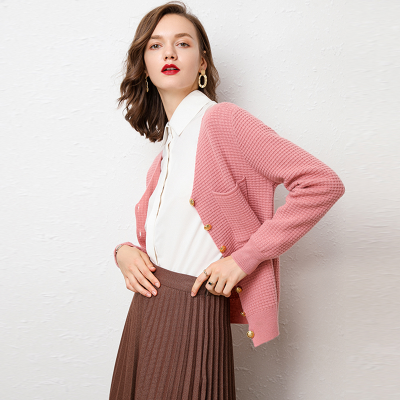 

2020 New 100% Cashmere Women' V-Neck Knit Jacket Exclusive Design Pocket Long Sleeve Single-Breasted Wild Cardigan, Qian-qiu-hong