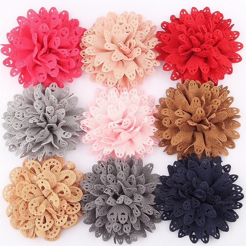 30pcs 3.2/" Lace Fabric Chiffon Flower+Rhinestones Pearls For Headbands