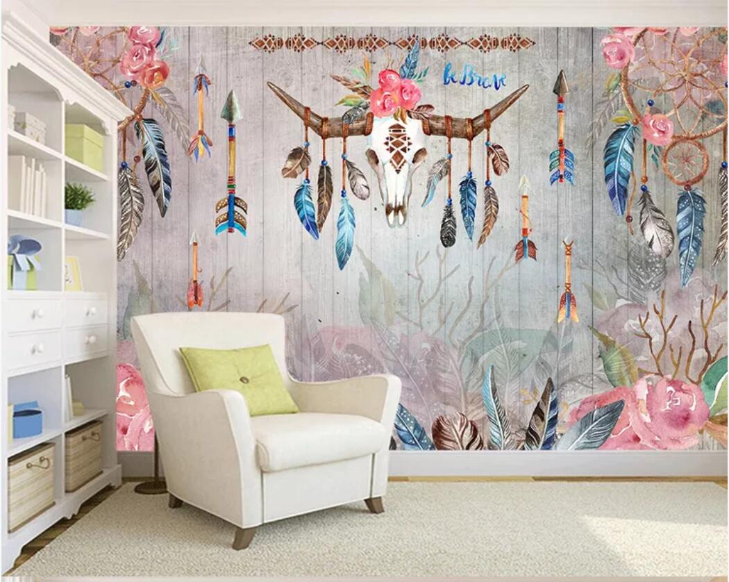 

3d room wallpaper custom photo mural Hand drawn vintage indian tribal style feathers watercolor deer skull wallpaper for walls 3 d, Non-woven fabric