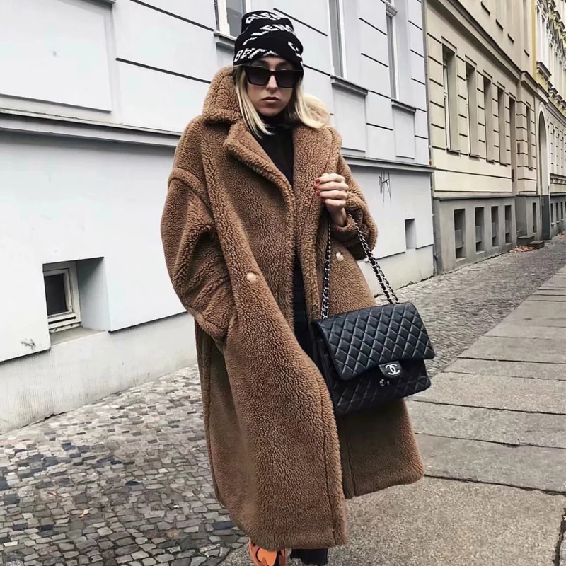 

women thick long jackets 2020 winter warm female lambswool coats turn down collar single button loose solid outwear feminina, Beige