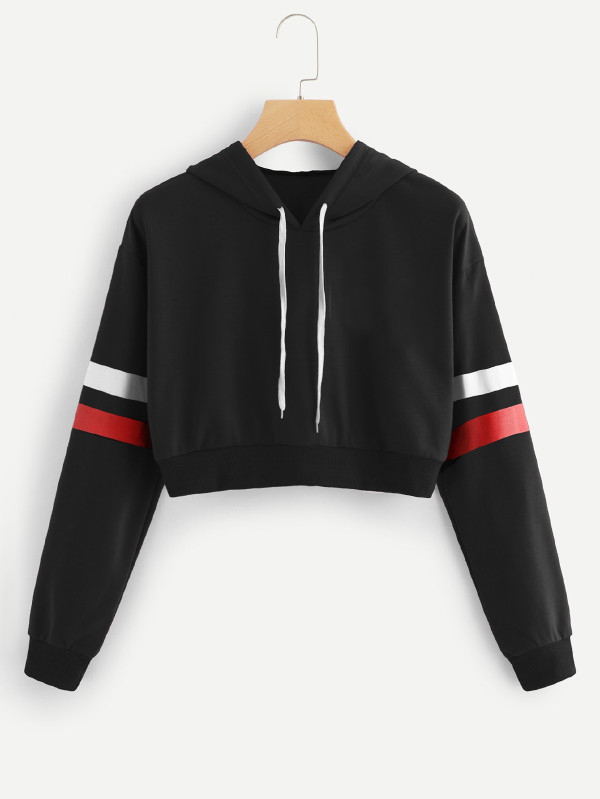 

Women's Hoodies & Sweatshirts Women 3 Color Striped Stitching Long Sleeves Casual Short Hooded Pullover Sweater, Black