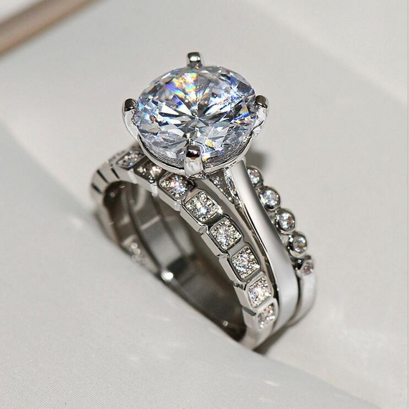 

2019 New Arrival Hot Sale Luxury Jewelry 925 Sterling Silver Round Cut White 5A Cubic Zirconia CZ Diamond 3PCS Wedding Women Band Ring Gift