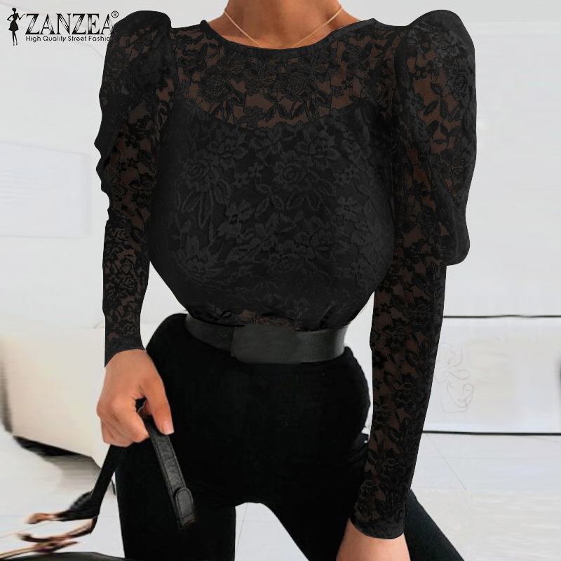 

Women's Summer Blouse 2020 ZANZEA Sexy See Through Lace Tops Fashion Solid Blusas Female Long Sleeve Shirts Plus Size Tunic, White