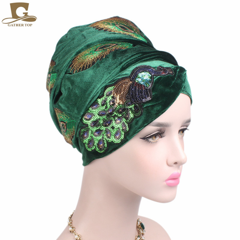 

New Luxury Women elegant sequined peacock embroidery Long Velvet Turban Nigerian Turban Head Wraps Hijab Head Scarf Turbante