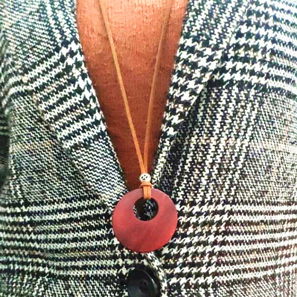 

Double wood Circle pendants necklaces vintage long sweater chain simple wild leather cord men women Handmade carving jewelry 15pcs