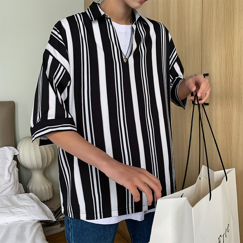 

2019 Spring And Summer New Hot Korean VersionOf The Student Slim Fashion Couple V-neck Striped Head Five-point Sleeve Shirt Best, Black