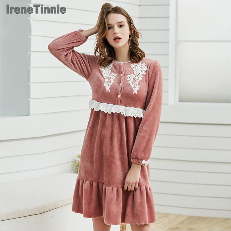 

Autumn Winter Ladies Lace Nightgown Luxury Flannel Upgrade Coral Velvet Lace Princess Loose Nightdress Intimate Sleepwear, As pic