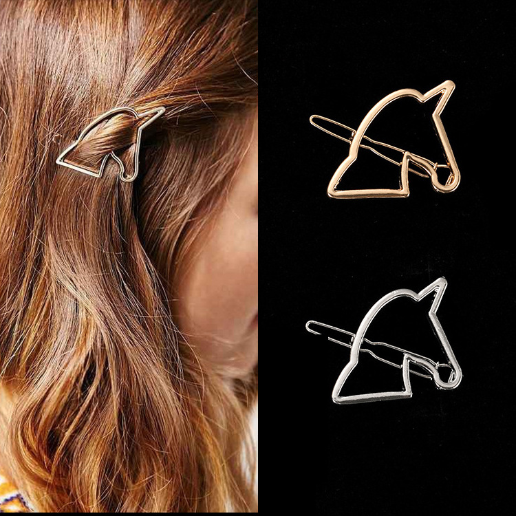 

European and American jewelry simple style alloy gold silver unicorn horse hair clip side clip, Golden;silver