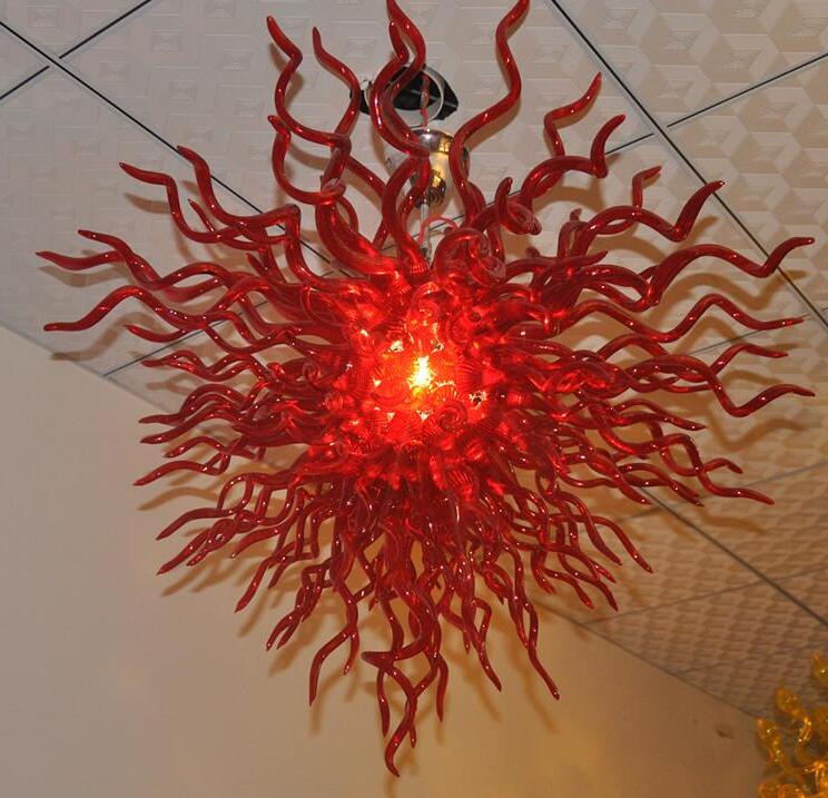 

Contemporary Ruby Red Color High Hanging Blown Glass Chandelier Lightings Living Room LED Bulbs Flush Mounted Chandeliers