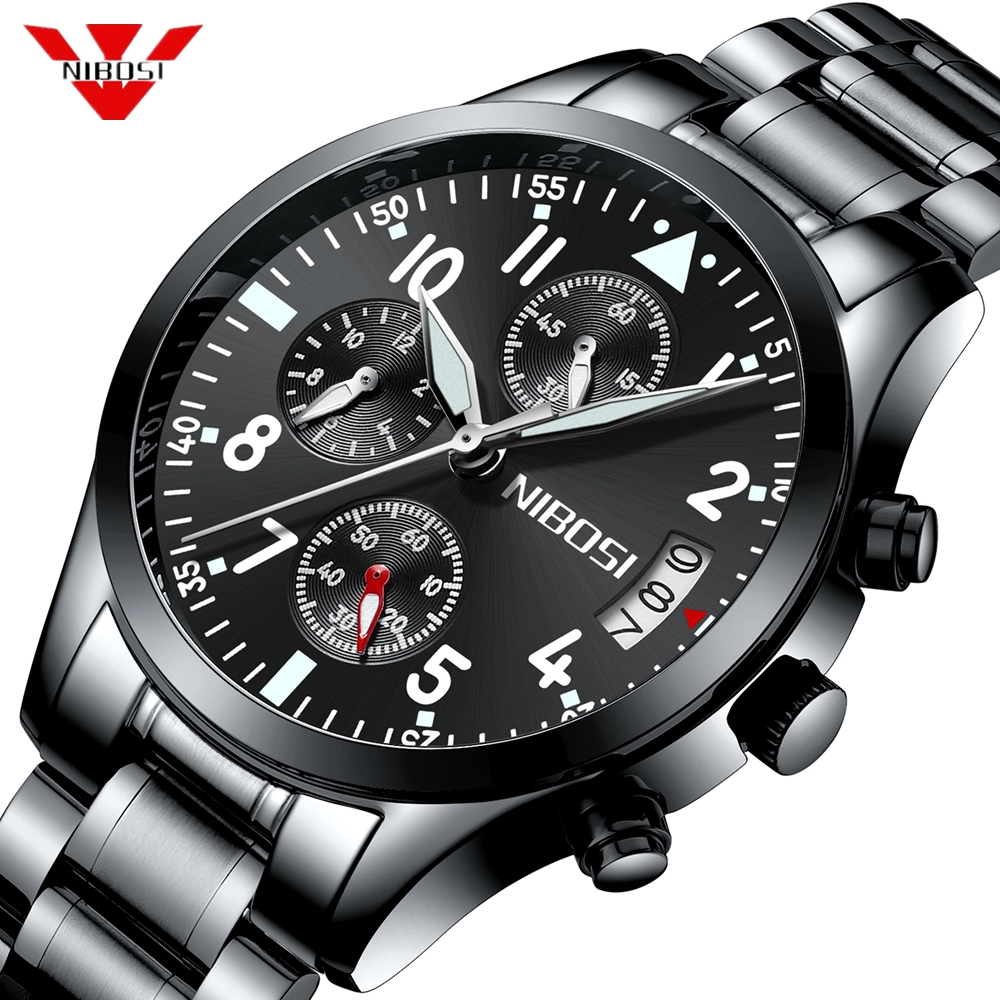 

NIBOSI Mens Watches Top Brand Luxury Business Quartz Watch Men Stainless Steel Band Clock Relogio Masculino Horloges Mannen, Black