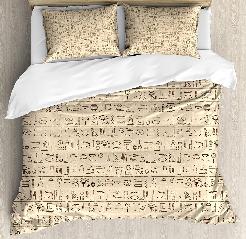

Egyptian Duvet Cover Set Old Dated Hieroglyphics Ancient Language Hand Written Style Borders with Worn Look Bedding Set, As pic
