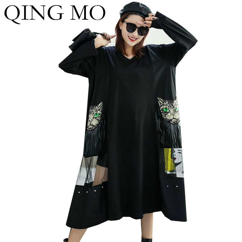 

QING MO Black Women Temperament Dress 2020 Women Tiger Sequin Dress With Tassel Female Mesh Patchwork Plus Size ZQY4589