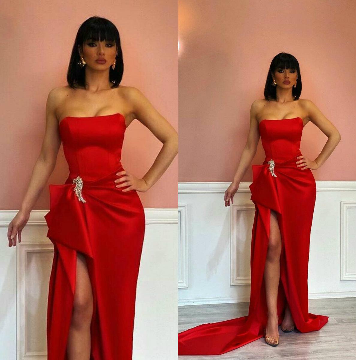 Sexy Red Evening Dresses Rhinestone Beads Strapless Satin Sweep Train Long Mermaid Prom Dress Split Custom Made Arabic Formal Gowns