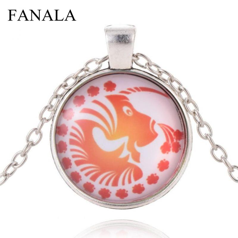 

Pendant Necklaces Women Silver Chain Art Jewelry Fashion 2021 Constellation Zodiac 12 Glass Necklace Long Gifts Cabochon