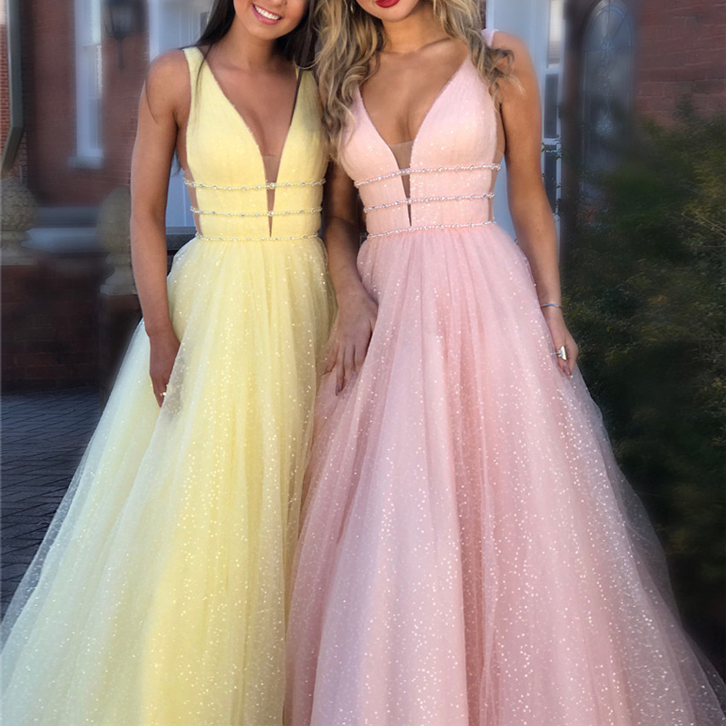 

Shiny Pink Light Yellow Prom Dresses Long 2020 Deep V Neck Backless Sweep Train Charming Formal Evening Party Gowns vestido de noche Custom