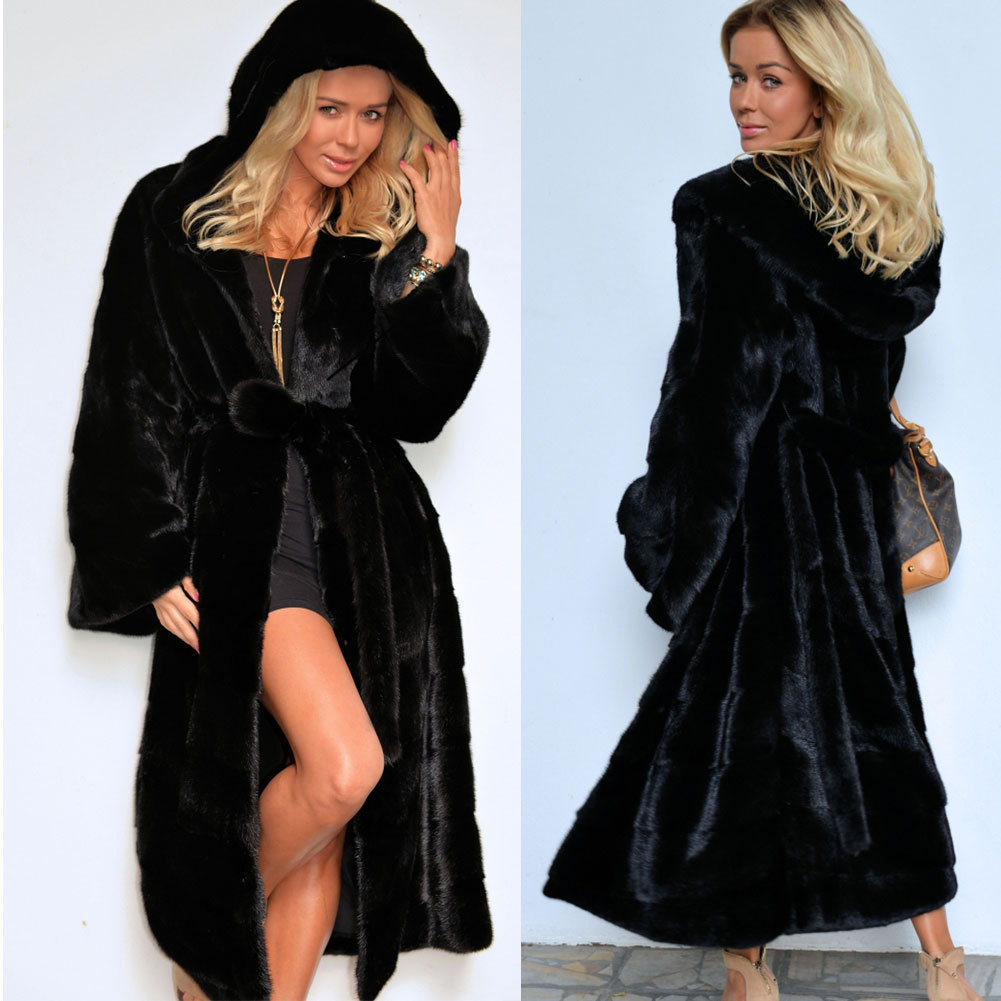 

Women's Fur & Faux 2021 Big Promotion Black Long Plush Coat Women Hooded Winter Thick Jacket Overcoat Plus Size Casual Outwear