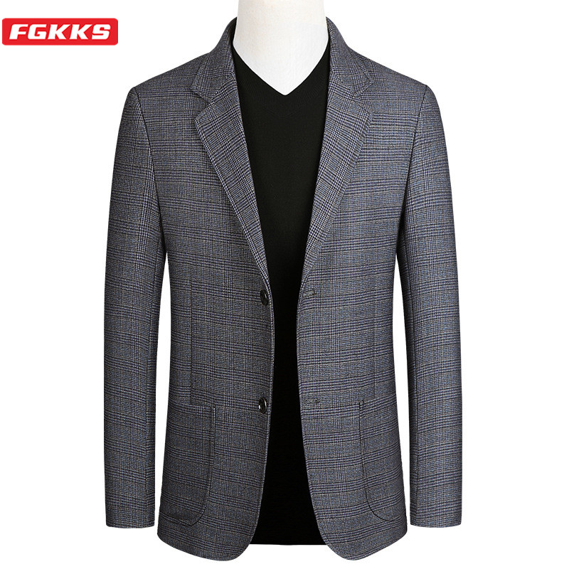 

FGKKS New Men Plaid Blazers Men's Fashion Business Casual Suit Jacket Male High Quality Luxurious Blazer Brand Clothing, Army green