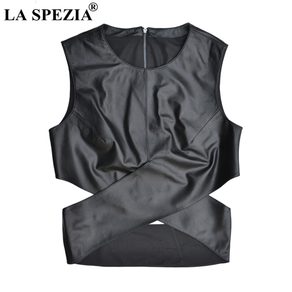 

LA SPEZIA Leather Vest For Women Black Slim Fit Waistcoat Female Casual Genuine Leather Fashion Autumn Short Sleeveless Jackets