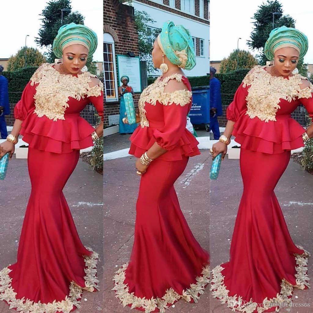 

Aso Ebi Mermaid Evening Dresses 2019 Black Girls 3/4 Long Sleeves Peplum African Prom Dress With Appliques Party Wear celebrity dresses, Black;red