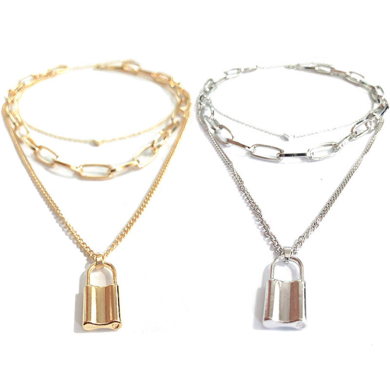 

Multi Layer Lover Heart Lock Pendant Choker Necklace punk Padlock Heart Chain Necklace on neck Couple Wedding Jewelry