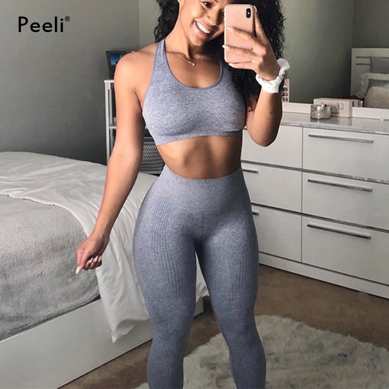 

Peeli Seamless Yoga Set Women Fitness Clothes Gym Leggings Padded Push Up Sports Bra Racerback Sportswear 2 PC Sports Suit Femme #918301, As pictures black (#3421)