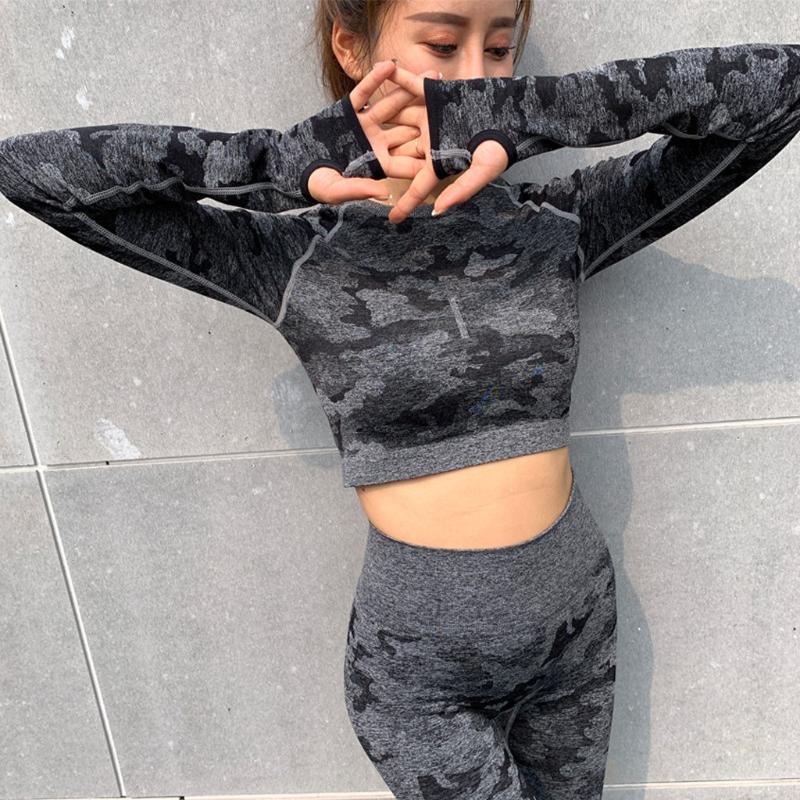 

Women Yoga Sets Camouflage Short Blouse Long Sleeve Top Sports Women' Yoga Set High Waist Running Tops Sportswear Women#35, Green
