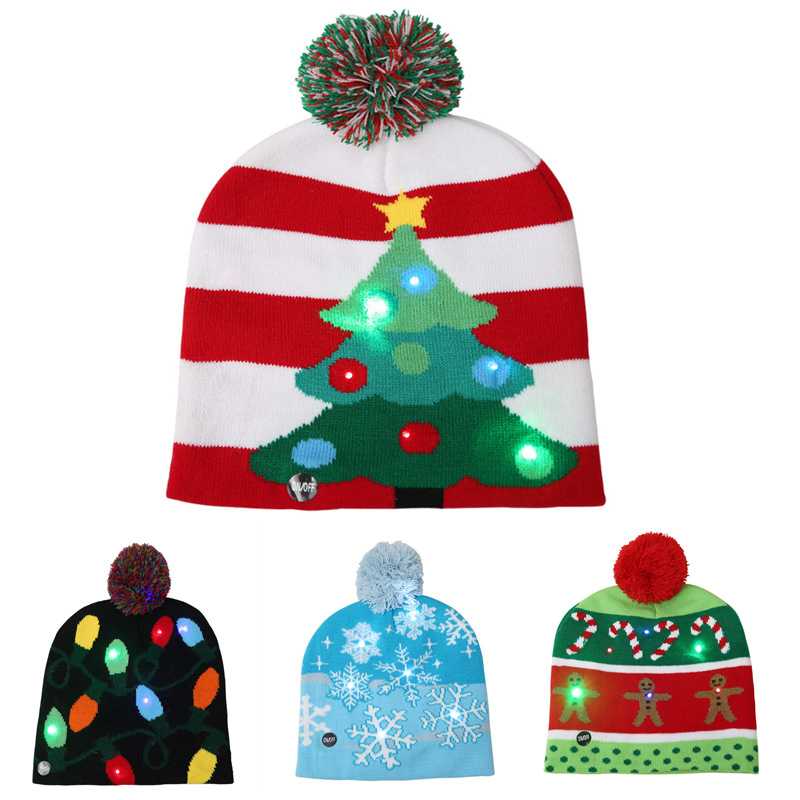 

10pcs 4Style LED Light Knitted Christmas Hat Unisex Adult Kid New Year Xmas Luminous Flashing Knitting Crochet Hat Party Favor